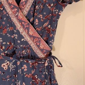 Floral wrap dress. Pink dark blue and red.
